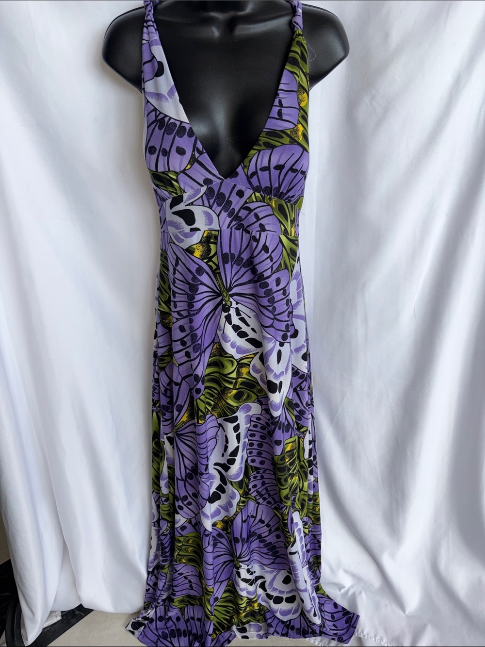 CHESLEY Butterfly Maxi Dress, Purple, white green Black XL, 17” waist, 54” L